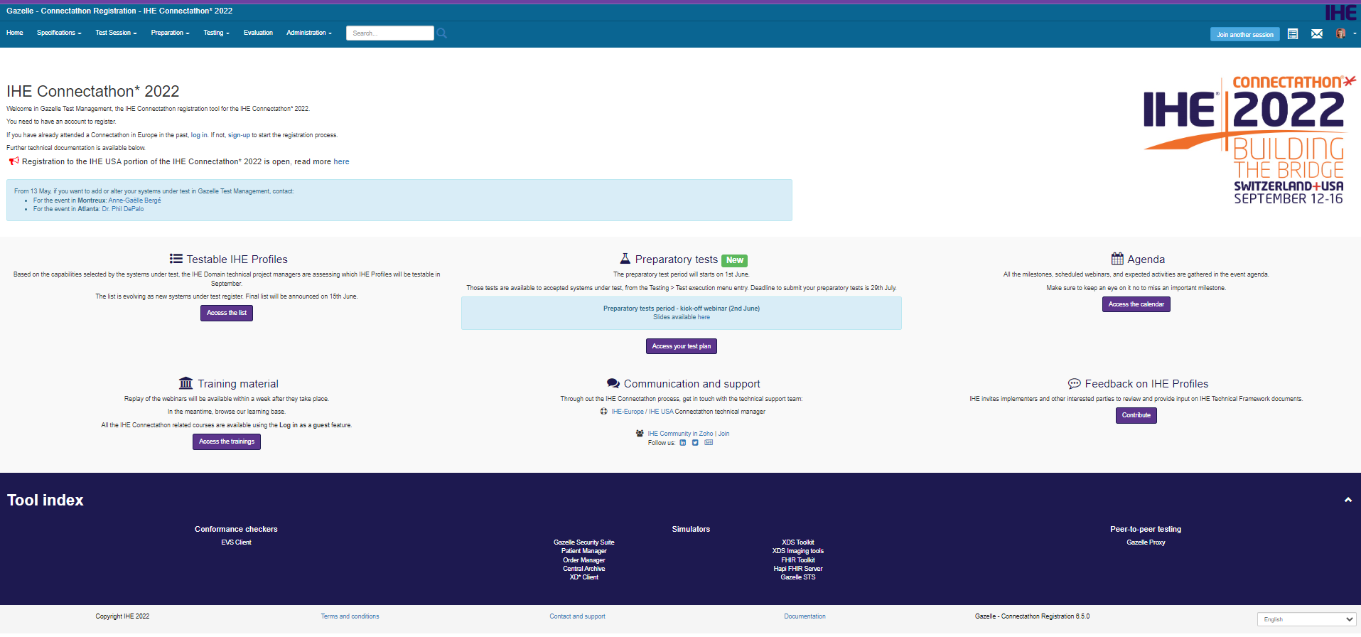Example of home page for the IHE-Europe instance of Gazelle Test Management